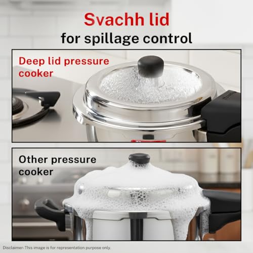 Image of Prestige 3.5 Litre Stainless Steel Deluxe Alpha Svachh Outerlid Pressure Cooker |Deep lid for spillage control|10 years warranty|Gas & Induction compatible|Gasket release system|ISI Certified