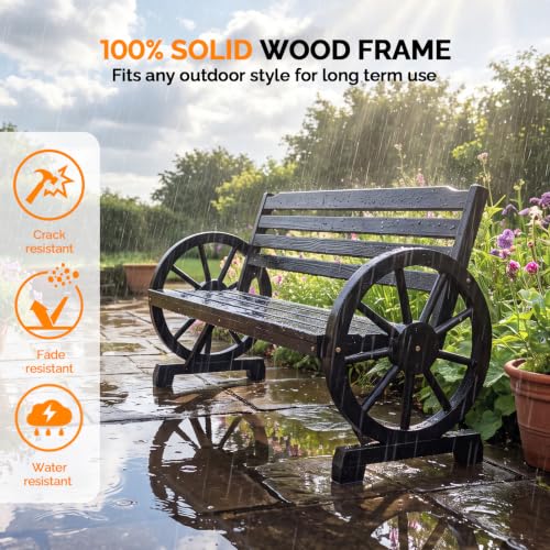 Image of VINGLI Rustic Wooden Wheel Bench Outdoor Bench, Patio Bench Wagon Slatted Seat, Garden Benches for Outdoors 350lbs High Capacity, Weather Resistance (Black, 55in)