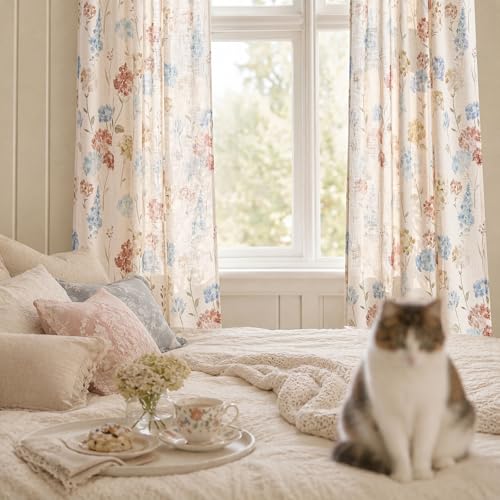 Image of jinchan Floral Linen Curtains 96 Inch Vintage Cottagecore Back Tab 2 Panels