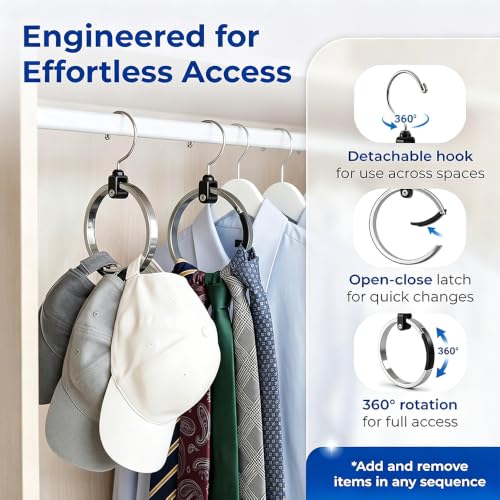 Image of 360 Swivel Belt Organizer Ring | Wardrobe Hanger for Belt, Tie, Cap | Zinc Alloy Construction | 360 Rotatable Design | Multi-Purpose for Belts, Ties, Caps, Scarves | Easy Install Wardrobe Hook