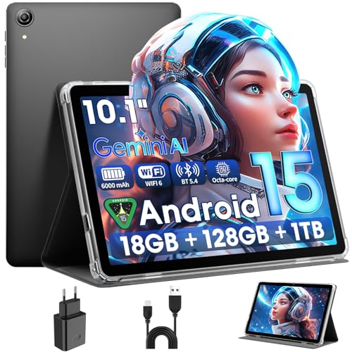 Tablette 10 Pouces Android 15 Tablette RAM 18Go + ROM 128Go, Expandable à 1To, Affichage IPS HD 1280x800|Batterie 6000mAh|Widevine L1| WiFi 5G|BT5.4|UNISOC T310|Caméra...