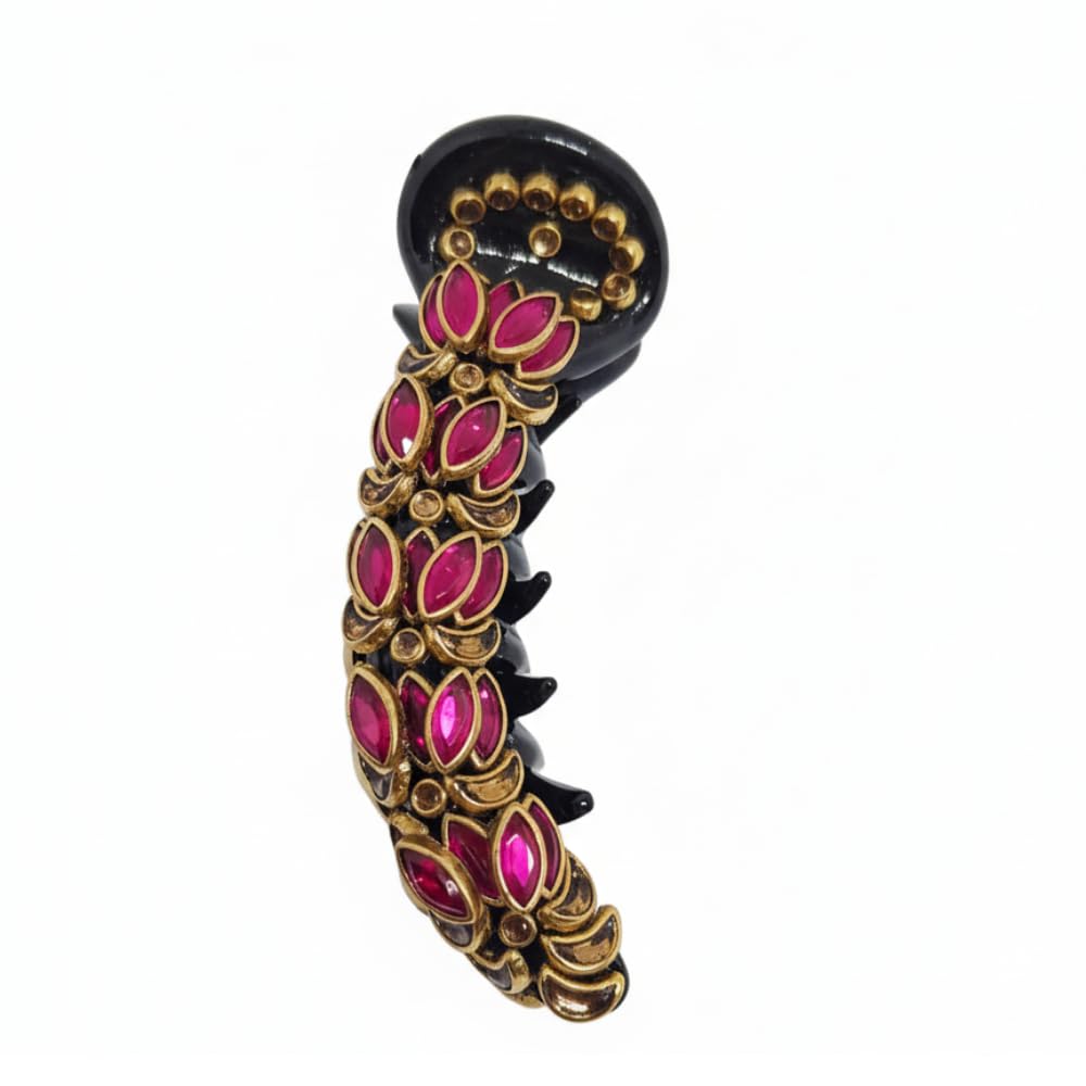 Heavy Design 3D Lotus Kundan Stone Banana Hair Clips & Barrettes - Elegant Jaw & Claw Clips for Weddings, Parties, and Special Occasions - Hair Accessories for Girls & Women (Pink)-picture-31