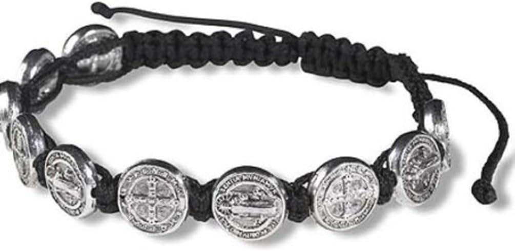 CB Silver Tone Saint Benedict Medal on Adjustable Black Cord Wrist Bracelet, 8 Inch