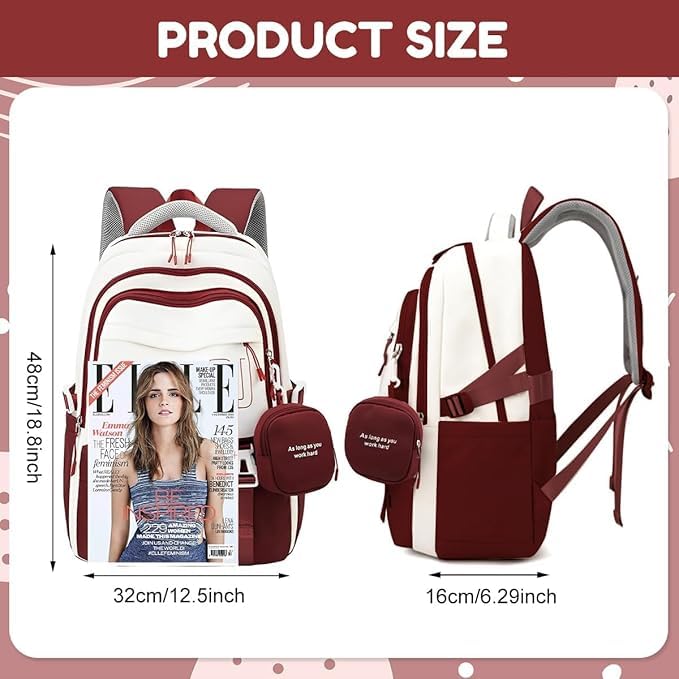 Image of Backpack Bag for Women with Matching Zipper Pouch, 18.1 Inch College Laptop Backpack, Multi-Compartment Bookbag for School, Office, Travel, Camping & Everyday Carry, White & Maroon