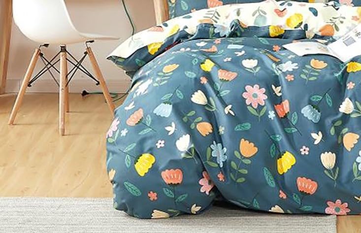Image of DECOMIZER Super Soft Glace Cotton King Size AC Comforter || Blanket || Duvet with 1 King Size Elastic Fitted Bedsheet 72 inchX78 inch Inch and 2 Large Pillow Cover - 4 Piece Comforter Set - Blue Multi