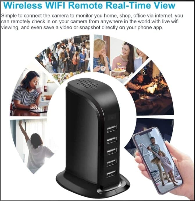 Image of 1080P Hidden Camera with USB Charger, 5 Port Charging Hub, Motion Detection, Live Remote Streaming, Home /Office Hidden Camera Black