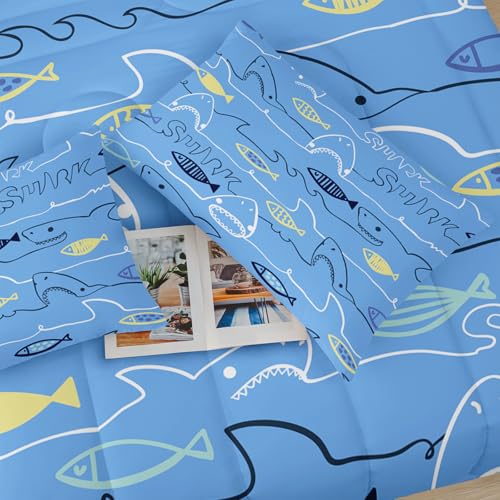 Image of Cartoon King Kids Shark Comforter Set,Blue Shark Boys King Quilt Bedding Set,King Quilt Fish Theme,Ocean Themed Bedroom Decor Kids