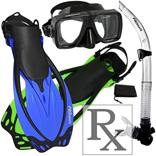 Promate 245500-RxLens-SM, Scuba Diving Fins Snorkel Dive Mask w/Prescription Lens Snorkel Set