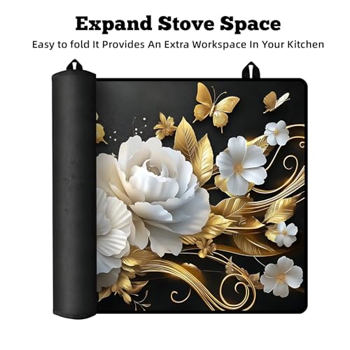 Image of Multi-Design Stove Top Cover for Glass /Electric Stoves - 3-in-1 Heat-Resistant Protector Mat, Non-Slip Drying Rack 28 inchx20 inch (Butterfly-Flower)
