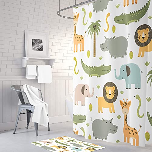 Yookeb Kids Safari Animals Bathroom Shower Curtain Cute Cartoon Childish Nursery Hippo Crocodile Lion Elephant Giraffe 60W By 71H Inch Polyester Fabric 12 Plastic Hooks Waterproof Decor #TOP1