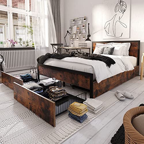 Rolanstar Full Size Bed Frame With 4 Drawers, Particle Board Headboard & Metal Platform Bed With Large Storage Space, Up To 700Lb, No Box Spring Needed, Mattress Foundation, Noise Free #TOP4