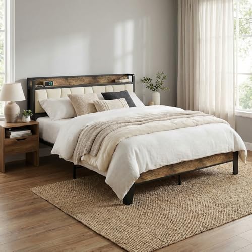 Image of LIKIMIO Full Size Bed Frame with Storage Headboard & Charging Station | Upholstered Headboard, Storage Shelf, Solid and Stable, Noise Free, No Box Spring Needed, Easy Assembly (Walnut and Beige)