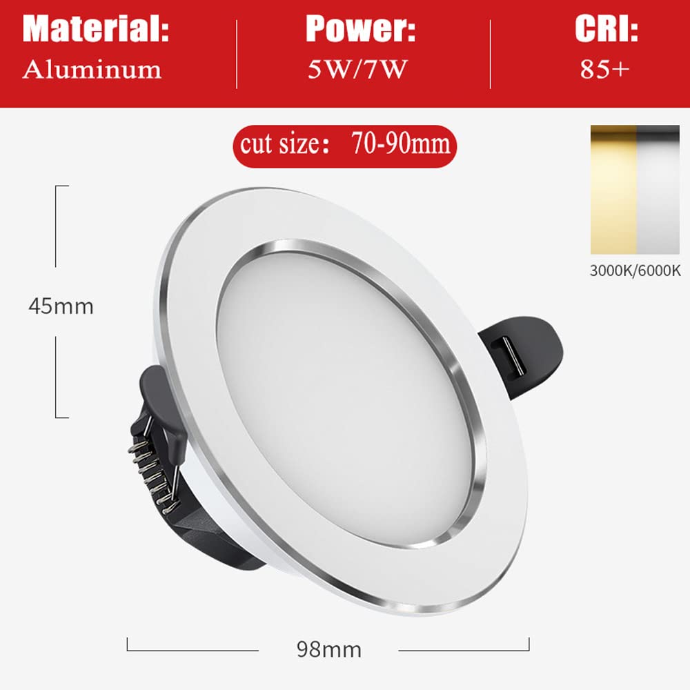 Lot de 3 spots LED encastrés 5 W 7 W pour plafonnier - Panneau rond en aluminium - Taille de coupe : 70-90 mm - Installation modernisée - Pas de scintillement, 5 W-3000 K