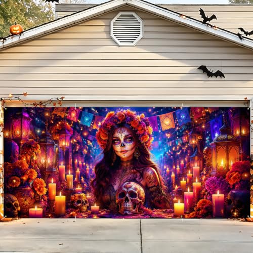 Image of Catrina Sugar Skull Garage Door Cover 6x13 ft, Halloween