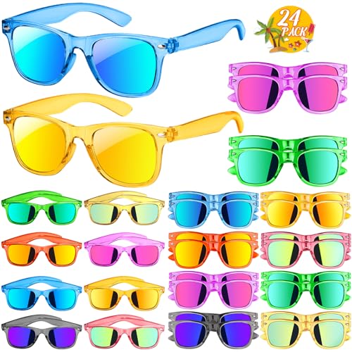24Pcs Kids Sunglasses Bulk with UV Protection, Neon Translucent Sunglasses for Summer Beach Party Favors Toys, Goody Bag Stuffers, Classroom Prizes