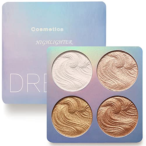 Reddhoon Highlighter Powder Palette, Shimmer Highlighters Makeup, 4 Colors Bronzer Highlighter Powder Palette, Waterproof Long Lasting Highlighter Baked Makeup Face Powder