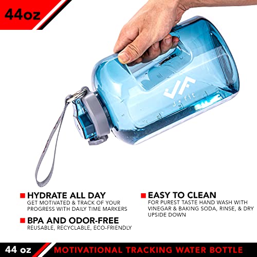 JFIT BPA Free Reusable Sports Water Bottle w/Time Markers, Leakproof Flip-Top Lid & Carry Strap – Durable PETG, 2.28" Wide-Mouth for Ice – Eco-Friendly, Odor-Free & Easy to Clean -Blue-44oz by JFIT - Used condition - Image 3