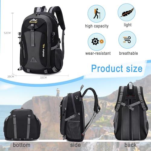 Nircho Wanderrucksack Herren Damen 40L Wasserdichter Rucksack Leicht Groß Reiserucksack,Outdoorrucksack mit Reflexstreifen Für Wandern, Radfahren, Klettern, Bergsteigen und Reisen Sport (Black)