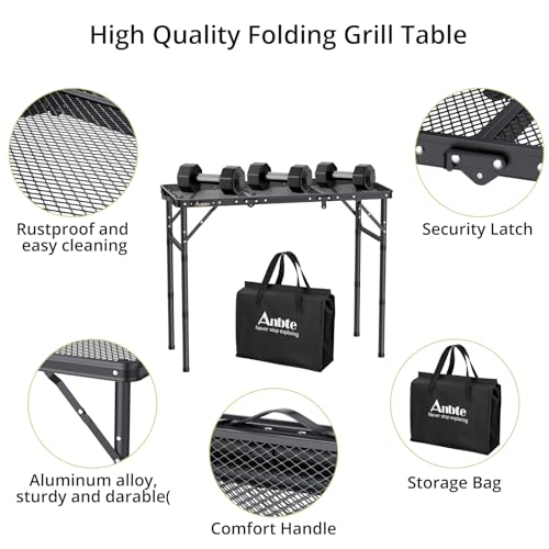 Anbte Folding Camping Table, Aluminum Camping Table Adjustable Height Max 70 cm Picnic Table with Mesh Desktop, Lightweight, Portable Handle For Outdoor Cooking BBQ Picnic, 88 cm x 40 cm, Black - Image 5