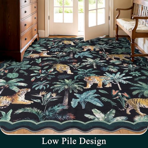 U'Artlines Jungle Animal Print Area Rug 8x10 ft, Large Machine Washable Floor Carpet, Low Pile Non Slip Tiger Print Rugs for Classroom, Living Room (Dark Green) — view 4