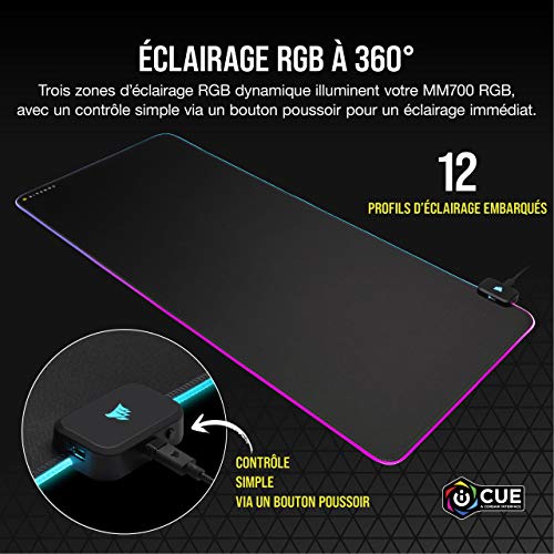 Corsair MM700C RGB Extended Tapis de Gaming (RGB dynamique sur trois zones, Conception base en caoutchouc, Hub doté de deux ports USB, Douze profils d’éclairage RGB intégrés) Noir