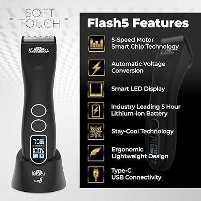 ماكينة قص شعر الحيوانات الأليفة Kenchii Flash 5 باللون الأسود غير اللامع 5 في 1 بشفرة رقمية LCD Stay-Cool مع تقليم دقيق للعناية بالحيوانات الأليفة وشكل وتصميم أنيق ومريح