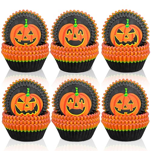 Whaline 600Pcs Halloween Cupcake Liners Pumpkin Face Pattern Cupcake Wrappers Baking Cups Holders Black Orange Muffin Baking Liners for Halloween Party Supply