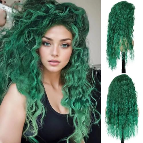 Image of GNIMEGIL 26 Inch Long Curly Wavy Green Wig Natural Ombre Fluffy Synthetic Hair Replacement Wig Thick Hairline ForMermaid Cosplay, St. Patrick's Day, Halloween Costumes And Festive Party