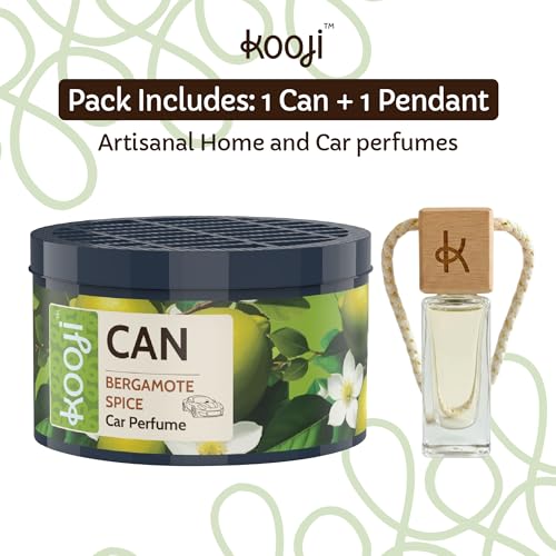 Image of Kooji Can Car Perfume + 5ml Car Hanging Perfume Pendant (Free) - Bergamot Spice Scent - Long-Lasting, Alcohol-Free, Oud & Saffron Oriental Fragrance - For Car, Home, Office Use - Lasts Up to 60 Days