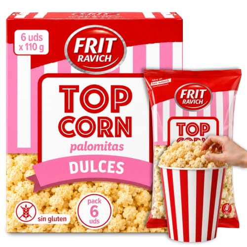 Palomitas Dulces Frit Ravich, Palomitas de maíz con azucar, Elaboradas con maíz especial para palomitas, azucar 34% y aceite girasol, Contiene 6 Unidades de 110 gr
