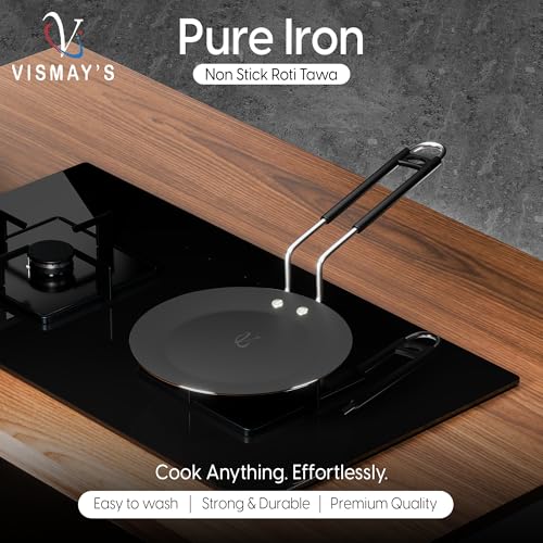 Image of VISMAY'S 100 Percent Pure Food Grade Iron Induction Tawa 9.5 Inch India's First Smooth Edge Tawa Naturally Processed Heavy Base Loha, Chapati Roti Metal Spoon Friendly (1 Kg)