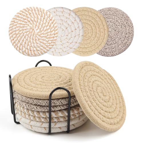 La Desire Cotton Woven Coasters Set of 8 with Holder - 4 Colors Absorbent for Table Protection, Home Decor, Coffee Table, Cups, Bar - Housewarming Gift