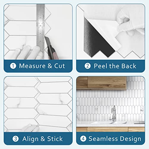 Sunwings Backsplash Tile For Kitchen Peel And Stick, Stone Composite Self Adhesive Tiles Faux Marble Pattern Long Hexagon Mosaic Wall Tile For Kitchen, 12 Inch X 11.22 Inch 10 Sheets White Marble #TOP4