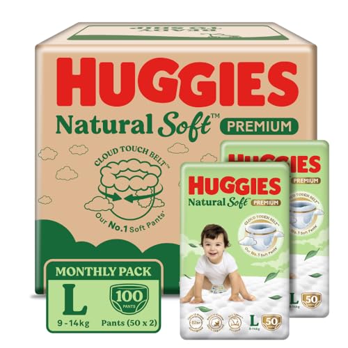 Image of Huggies Natural Soft Premium Baby Diaper Pants, Our No.1 Soft Pants, Large (L) Size (9-14 Kgs), Monthly Pack of 100 diapers | Cloud Softness All over with India's 1st Cloud Touch BeltTM