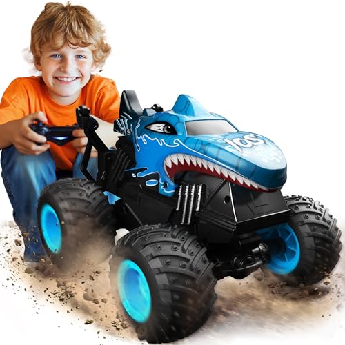 BEZGAR Monster Truck Toys - Remote Control Monster Truck with Light & Music, Dinosaur Toys for Kids, 1:20 Scale RC Truck with 360° Spins and Drifting, Remote Control Car for Boys Blue