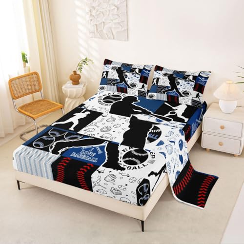 Image of Castle Fairy Patchwork Baseball Bed Sheet Set 2 Pillowcases,Sports Geometric Grid Blue Sheets Set,Baseball Player Room Decor Sheet Sets with Deep Pocket,Top Flat Sheet,King Size