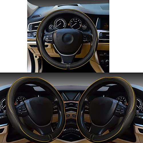 Image of Gomass Car Steering Wheel Cover, Anti-Slip, Safety, Soft, Breathable, Heavy Duty, Thick, Full Surround, Sports Style (Black with Yellow Line)