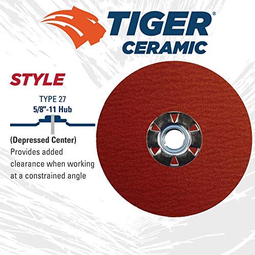 Image of Weiler 69883 Tiger Ceramic Alumina Resin Fiber Sanding & Grinding Disc, 4-1 /2 inch Diameter, 60 Grit, 5 /8 inch - 11 Hub (Pack of 25)