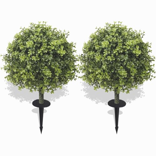 Set of 2 Artificial Boxwood Topiary Ball Trees for Outdoor with Ground Spike 29.5", UV Resistant Faux Greenery Shrubs, Fake Plants for Garden, Porch, Patio Valentine's Day Decor