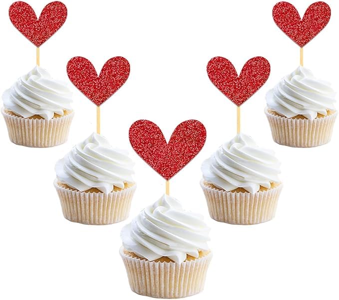 24Pcs Glitter Love Heart Cupcake Toppers for Valentine's Day Decorations, Love Heart Valentine's Day Cupcake Toppers for Wedding Bridal Shower Party Decorations (Red)
