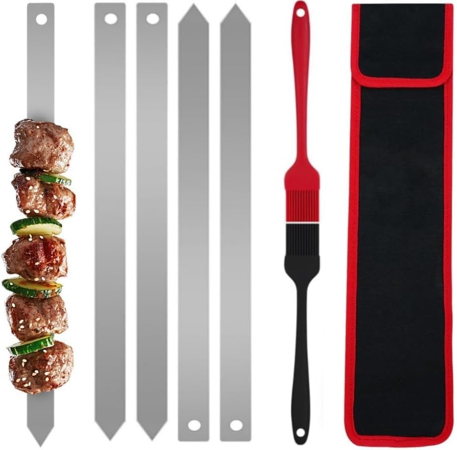 BBQ Barbecue Skewers, 4 PCS Stainless Steel Flat Wide Barbecue Skewers, Reusable Flat Metal Skewers, with Bag, Metal Kebab Sticks BBQ Skewers, for Outdoor BBQ, Family Party, Shish Kabob