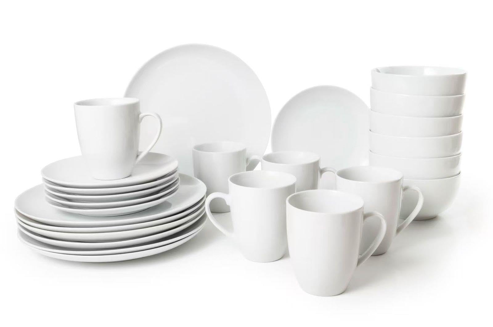 24PC Dinnerware Porcelain White Set: 6 Dinner Plates, 6 Side Plates, 6 Bowls & 6 Mugs. Dishwasher & Microwave Safe.