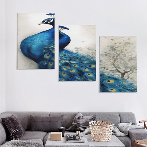 Toile murale paon bleu triptique vertical tableau decoration salon