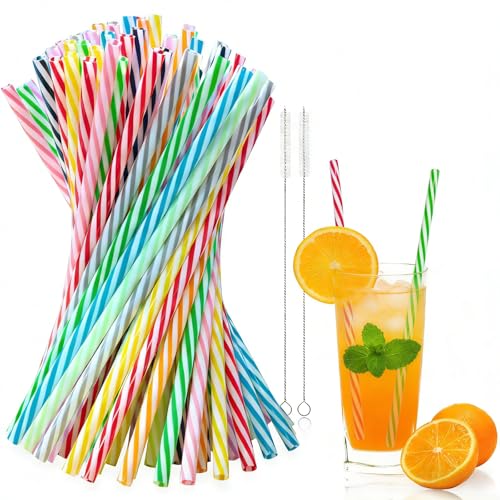 Mauepersu 100 Stück Wiederverwendbare Plastik Strohhalme mit Bürste - Verdickte Strohhalm & Trinkhalme Plastik für Cocktails, Smoothies, Säfte und Heißgetränke (23cm, 7.3mm)