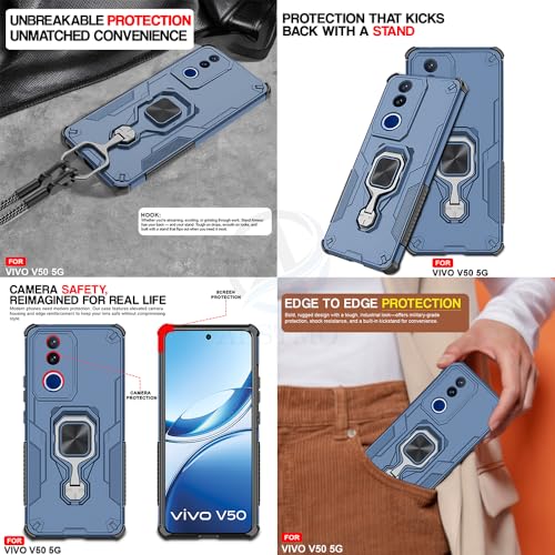 Image of AESTMO Armor Back Cover for Vivo V50 / V50E / T4R / iQOO Z10R 5G | Ring Holder & Kickstand & Camera Protection in-Built | 360 Degree Protection Back Case Cover (Blue)