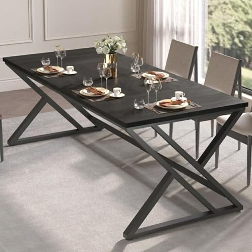 Image of Modern Industrial Computer Desk | Extra Long, Home Office Study Writing Table | Wooden Workstation with Metal Frame | Executive Gaming Desk | Black | 160x80x75 cm