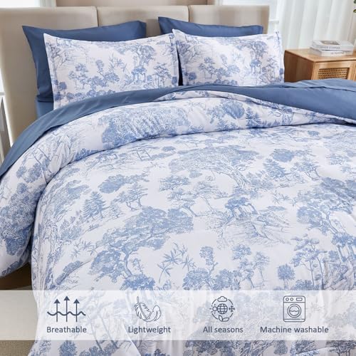 Image of DJY Blue Comforter Set Full, 7 Pieces Full Size Flower Comforters with Sheets Elegant Plants Print Bed in a Bag Soft Microfiber Reversible Complete Bedding Sets for All Season