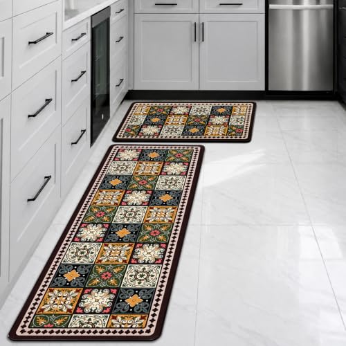 Image of CANWAY Kitchen Mat Set of 2, 40x60 & 120x40 CM, Flower Print | Water Absorbing, Anti-Slip, Waterproof, Washable, For Home Use