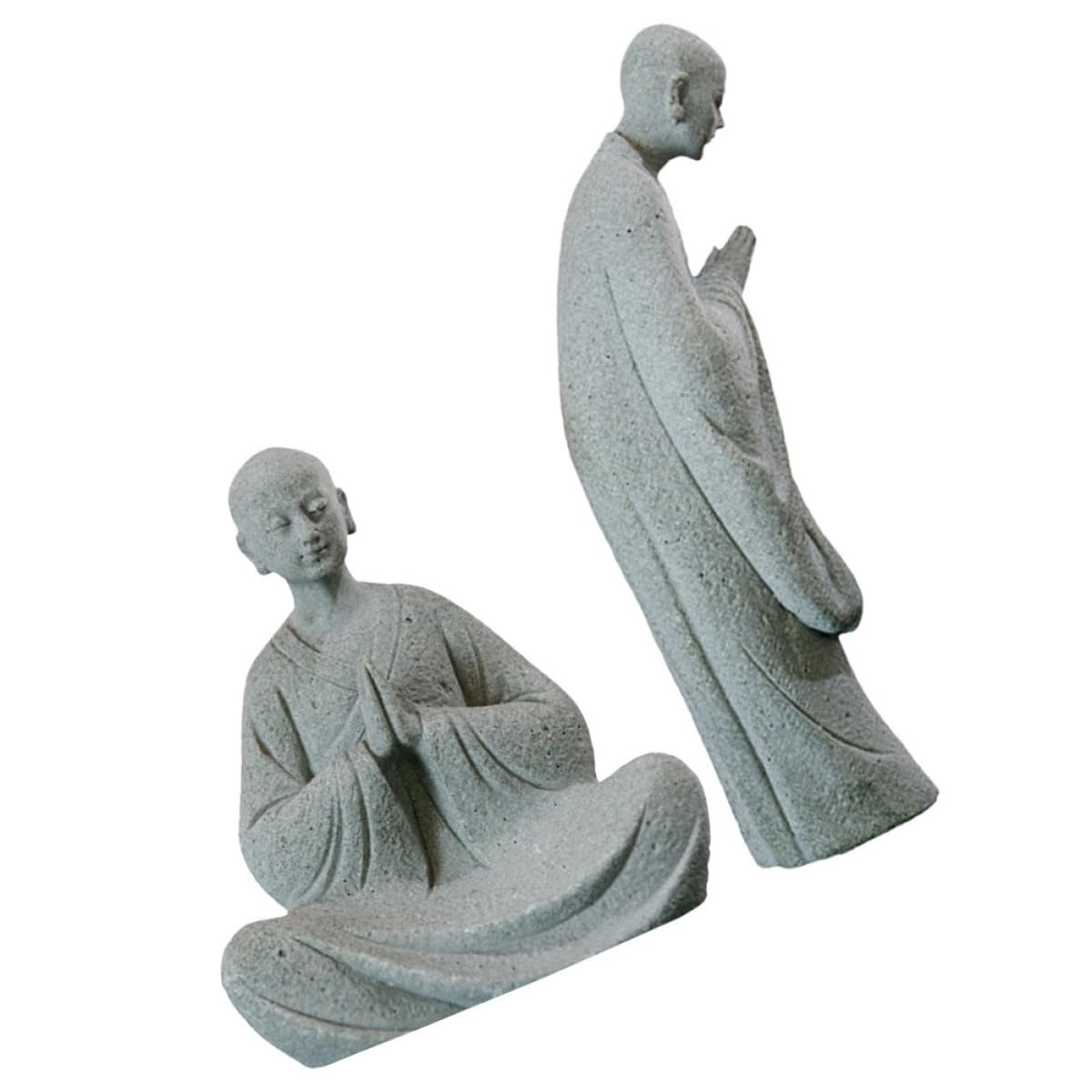 Figurines de moine en pierre grise pour jardin zen et bassin extérieur x2