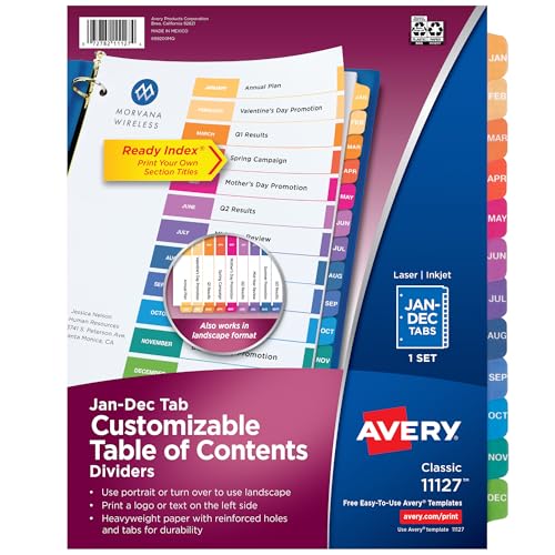 Avery Ready Index Table of Contents Dividers, 12-Tab, January - December, 1 Set (11127), Multi Color image 2